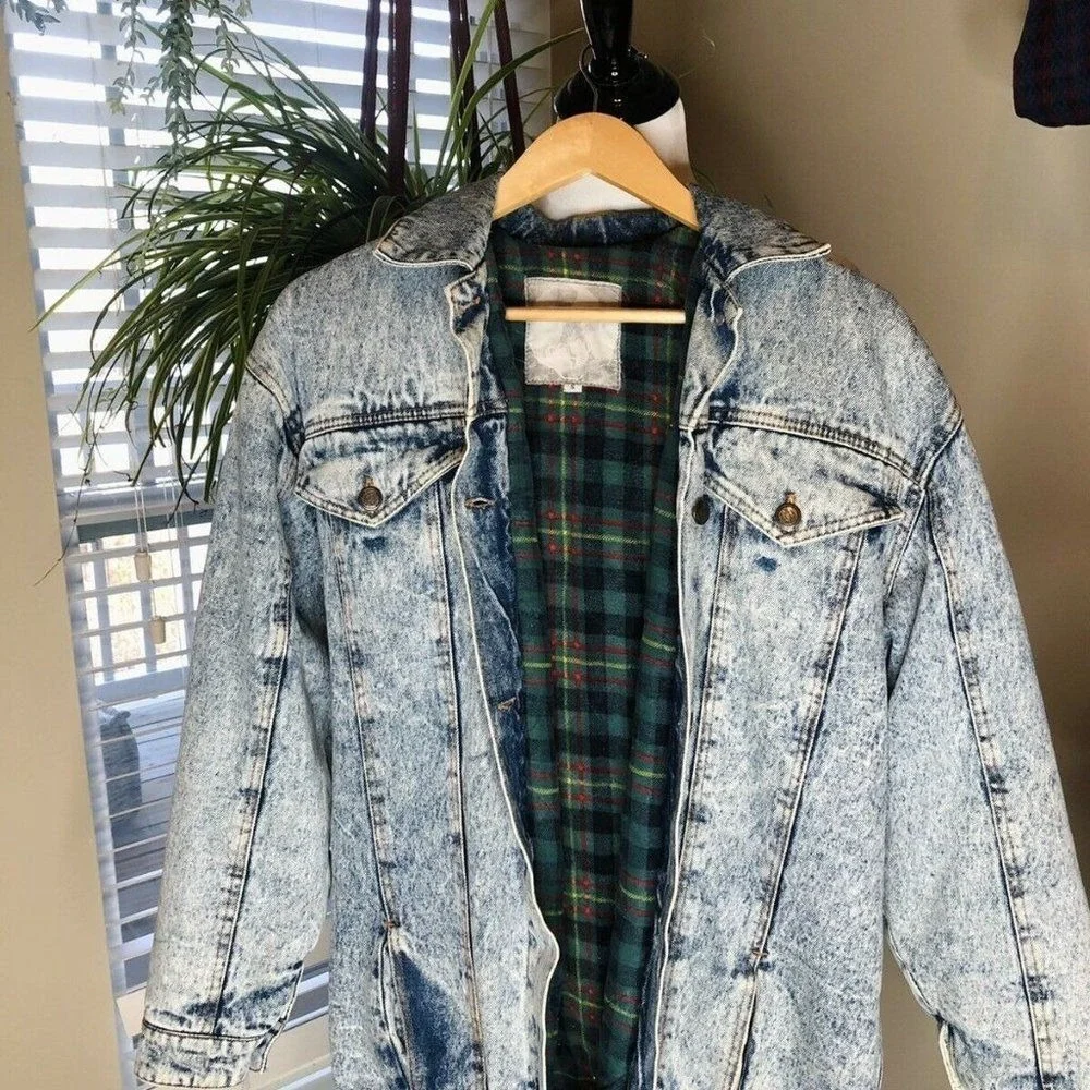 Vintage Acid Wash Denim‎ Jacket Flannel Lined Retro Grunge